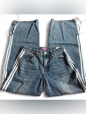 Edikted Wide Leg Jeans XS Ribbon Tie Side Stripe Y2K Baggy Denim